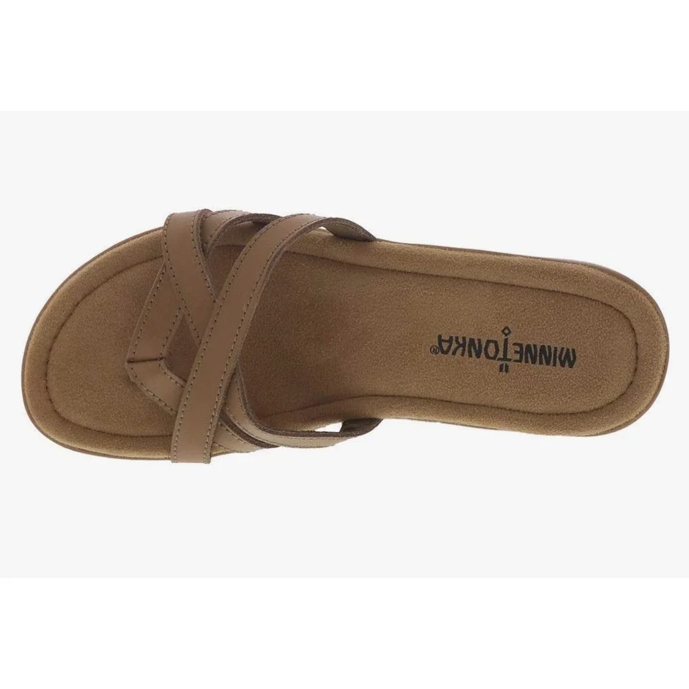 Minnetonka Sunny Thong Womens 9N Brown Leather Crisscross Strap‎ Sandals NIB